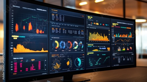 A high-tech financial dashboard displaying key metrics, market performance