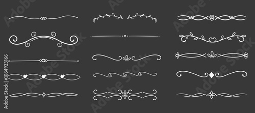 Swirl line chalk divider, doodle decorative fancy ornament border, simple hand drawn frame. Retro curve set flourish thin decorations.