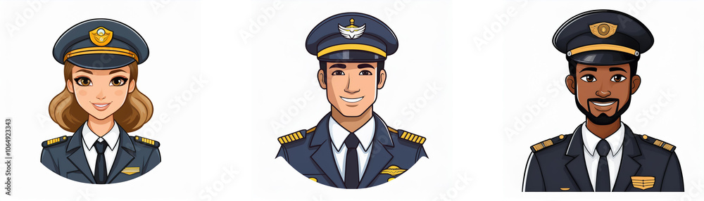 Three pilots, each with a different ethnicity, smiling and wearing a blue uniform with a gold badge. Three pilots, each with a different ethnicity, smiling and wearing a blue uniform with a gold badge.