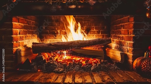 Festive yule log glowing in a cozy brick fireplace adorned for the christmas season