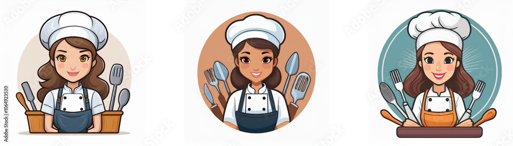 Three cartoon chef women wearing different color aprons, hats, and holding kitchen utensils. Three cartoon chef women wearing different color aprons, hats, and holding kitchen utensils.