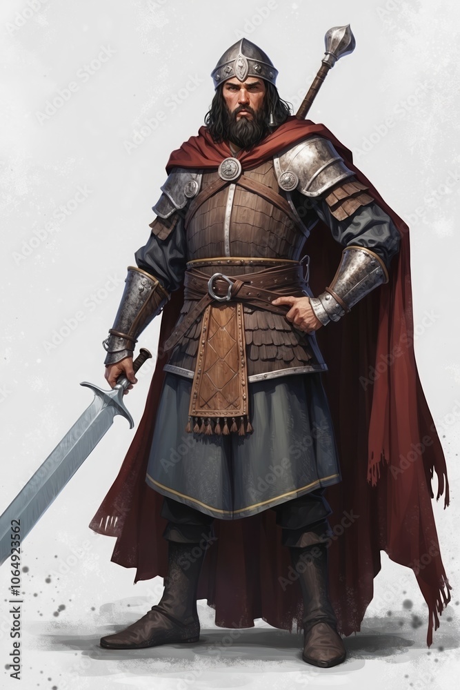 Knight in detailed armor stands confidently, sword in hand, wearing a red cape and helmet Knight in detailed armor stands confidently, sword in hand, wearing a red cape and helmet