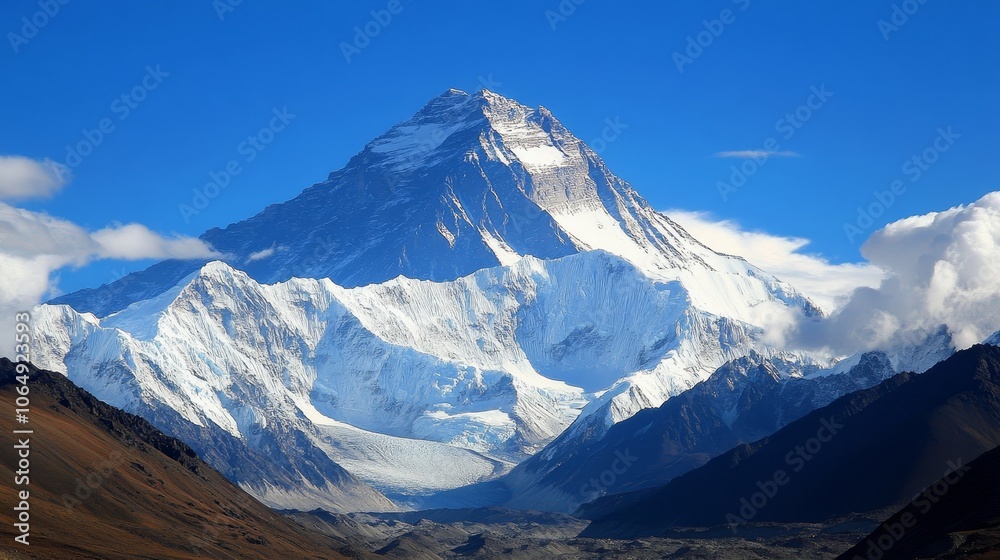 Mount Everest, the world's highest peak, stands majestically alone against a pristine white background, its towering silhouette piercing the heavens. Mount Everest, the world's highest peak, stands majestically alone against a pristine white background, its towering silhouette piercing the heavens.