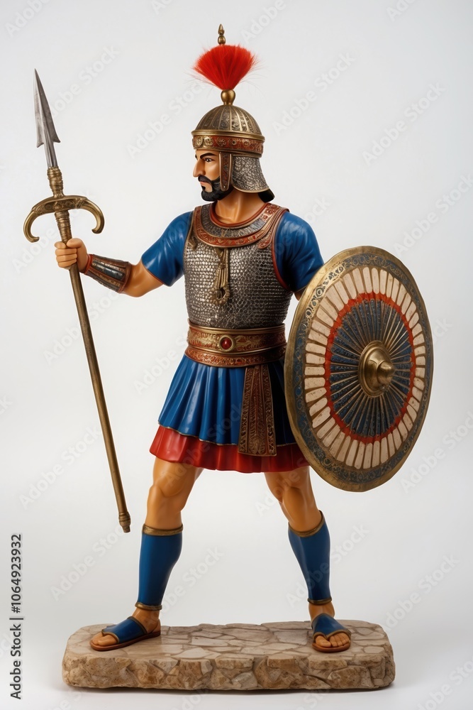 Fototapeta premium Detailed depiction of historical soldier figurine in armor, holding spear and shield,