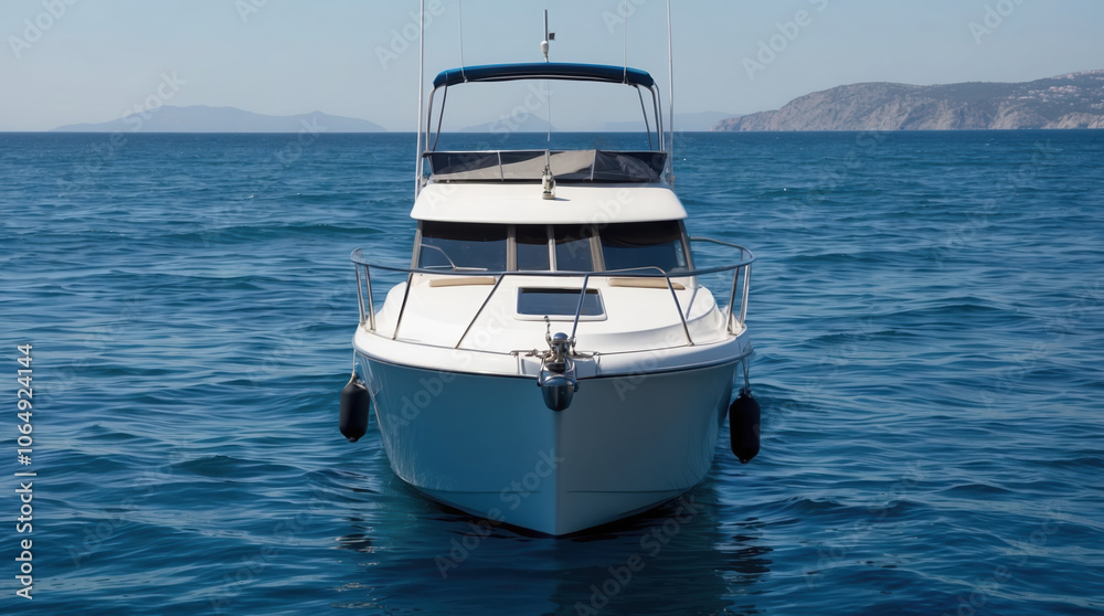 Fototapeta premium Elegant motorboat anchored in calm blue waters, surrounded by distant hills and clear sky