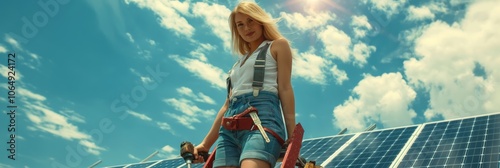 A woman, wearing denim overalls and holding tools, stands confidently in front of solar panels under a sunny sky. She symbolizes female workers in renewable energy and sustainability sectors