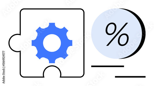 Puzzle piece with blue gear icon beside a blue percentage symbol. Ideal for business strategy, analytics, teamwork, problem-solving, financial planning, data management, marketing. Line metaphor