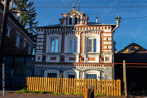 Bogorodsk, Nizhny Novgorod region, Russia, Street view of an ancient provincial Russian city on the shore of a lake on a summer evening. An ancient building of artisans, an architectural monument.