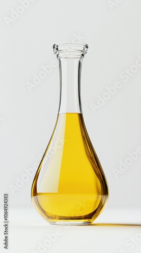 A clear and glossy oil bottle mockup displays rich yellow oil against a minimalist background photo