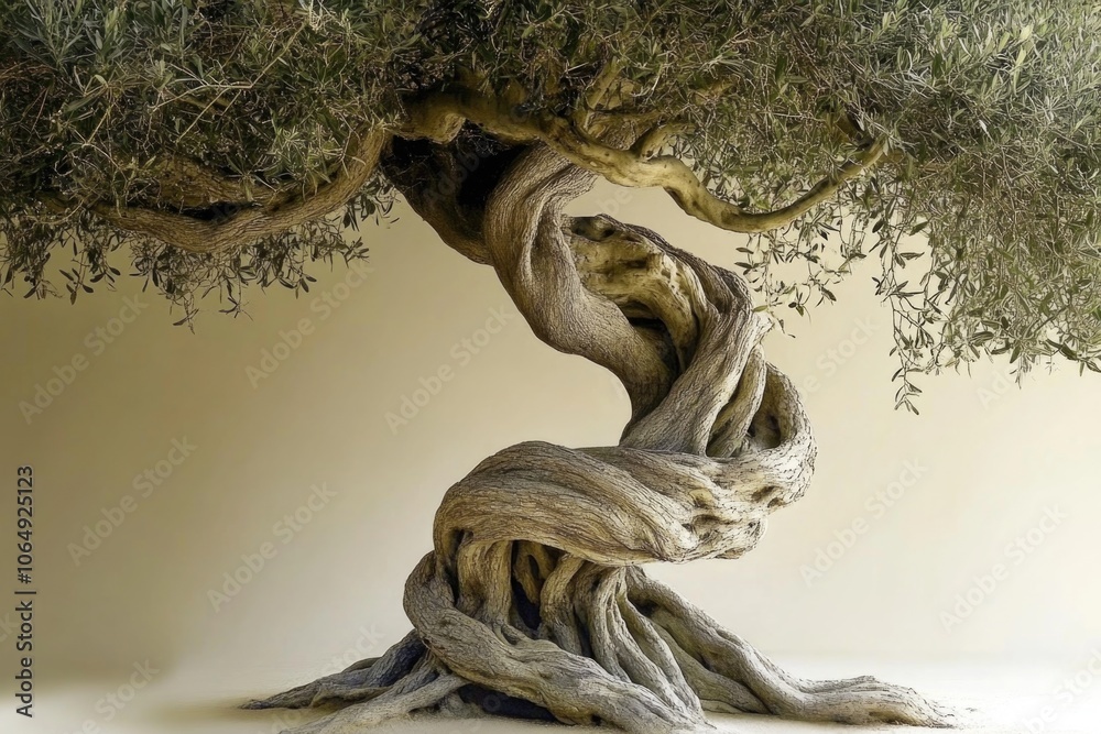 Fototapeta premium A small, well-groomed bonsai tree sits in a decorative vase on a table, surrounded by a calm and peaceful atmosphere