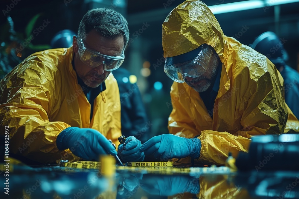 Crime scene investigation, emphasizing police tape, numbered evidence markers and detectives in action. Generative AI Crime scene investigation, emphasizing police tape, numbered evidence markers and detectives in action. Generative AI