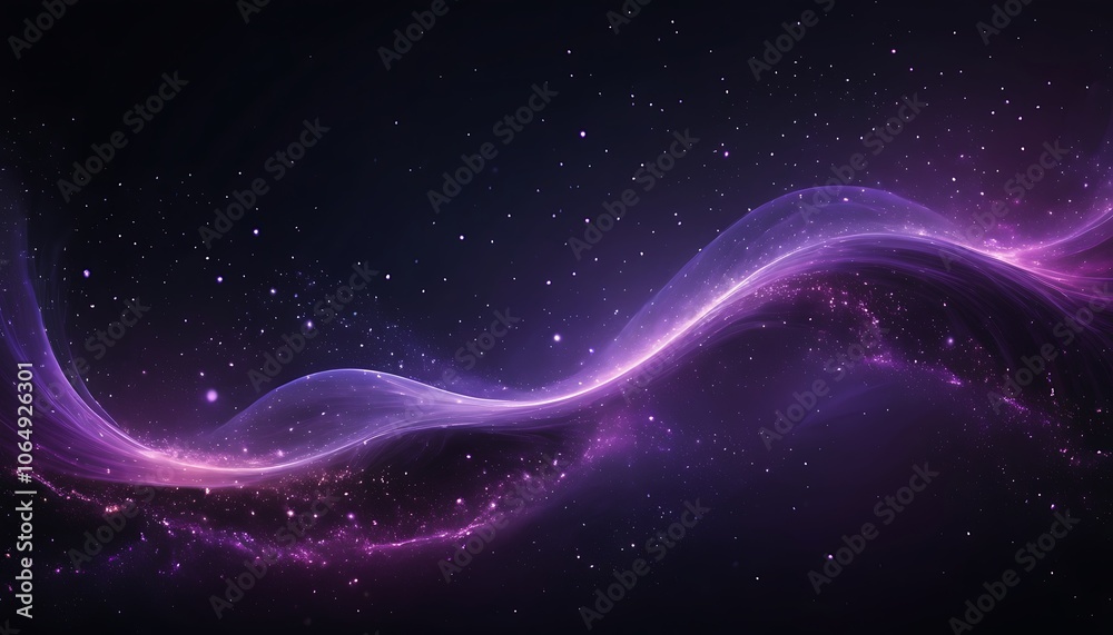 Obraz premium A flowing wave of deep purple particles across a dark background, resembling a cosmic nebula. The particles are arranged in gentle curves, with tiny, glowing dots and stars scattered throughout.