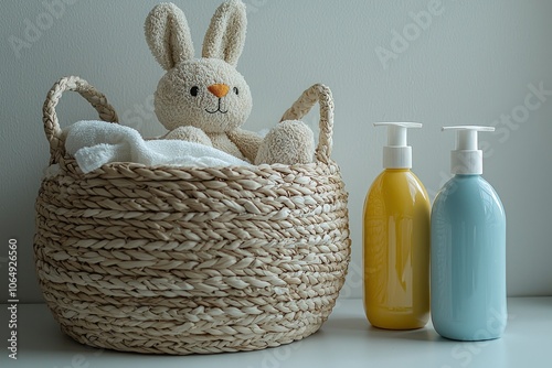 cleaning or washing products for children, laundry basket and rabbit in white and beige colors. Eco-friendly detergent, sensitive and responsible care photo