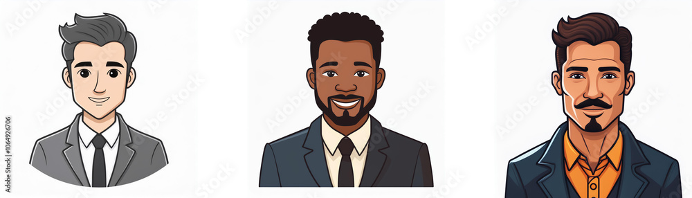 Three cartoon men are portrayed, each with a different hairstyle and facial expression, all wearing suits and ties. Three cartoon men are portrayed, each with a different hairstyle and facial expression, all wearing suits and ties.