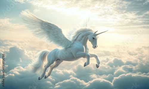 A photorealistic image of a majestic winged unicorn, or pegasus, soaring through the clouds