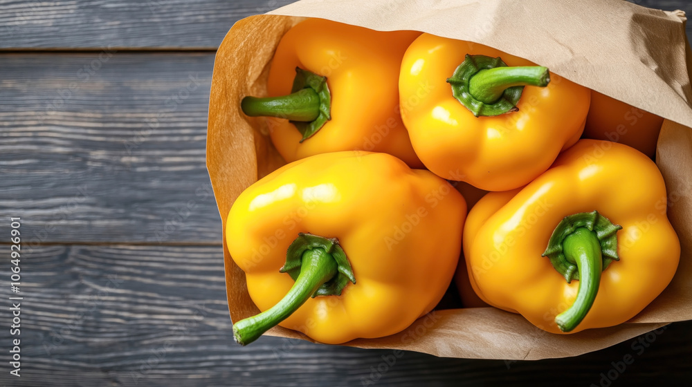 Top view of fresh yellow bell peppers in a brown paper bag on a wooden table Top view of fresh yellow bell peppers in a brown paper bag on a wooden table