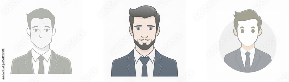 Three illustrations of men in suits. One is in grayscale, one has a beard, and one is in a circle. Three illustrations of men in suits. One is in grayscale, one has a beard, and one is in a circle.