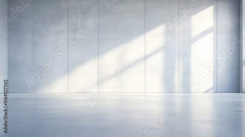 Empty Office: A minimalist and modern office space, flooded with natural light streaming through expansive windows, casting dramatic shadows and highlighting the clean, polished concrete surfaces. 