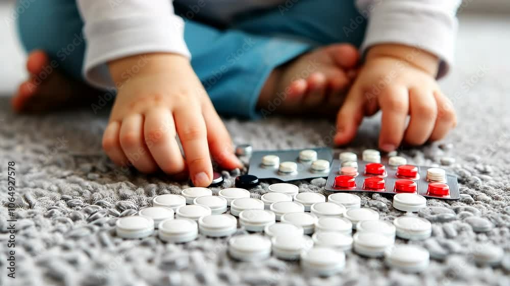 Child’s hands reaching for scattered pills on carpet, concept of medication safety, curiosity and danger. Young child with tablets and blister packs, highlighting health risk and parental awareness Child’s hands reaching for scattered pills on carpet, concept of medication safety, curiosity and danger. Young child with tablets and blister packs, highlighting health risk and parental awareness