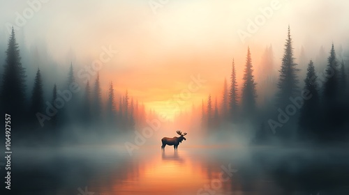 Majestic moose stands alone in a misty forest landscape at sunrise over tranquil waters