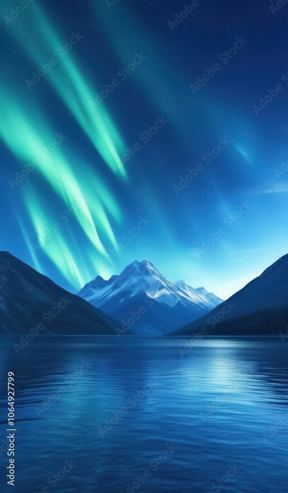 Fototapeta premium a mountain range with a lake and a green aurora