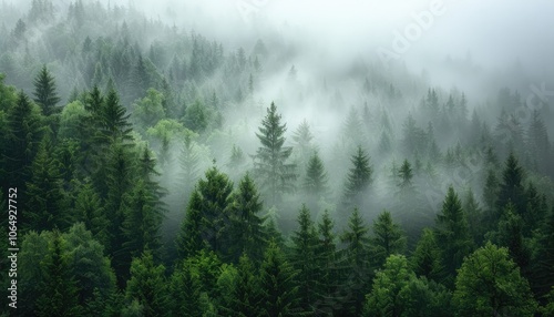 Misty Evergreen Forest Landscape with Sunbeams