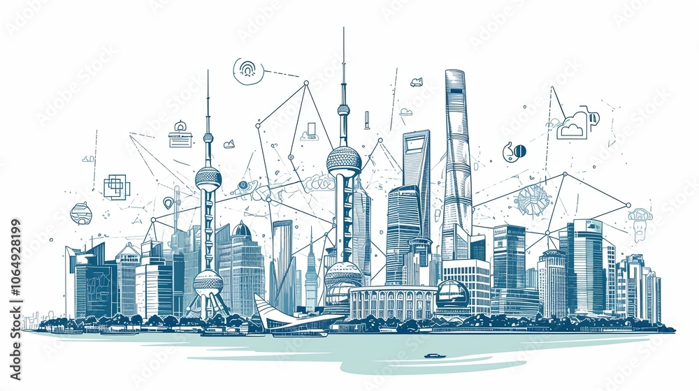 Obraz premium A futuristic city skyline merged with digital elements like clouds, buildings, and communication lines, showing a connected world.