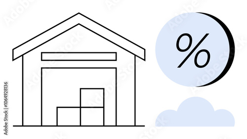 Warehouse structure containing stacked boxes and a percentage symbol floating over cloud. Ideal for inventory management, business analytics, logistics, storage solutions, supply chain, business