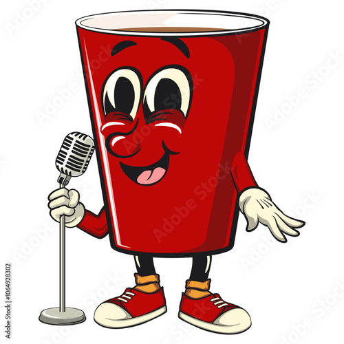 Red cup beer pong cartoon mascot character icon in front of the mic become a stand up comedian, work of hand drawn