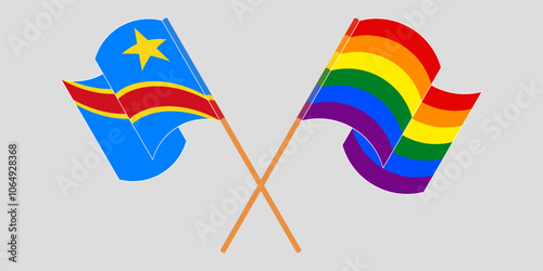 Crossed and waving flags of Democratic Republic of the Congo and LGBTQ. Vector illustration