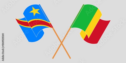 Crossed and waving flags of Democratic Republic of the Congo and Mali. Vector illustration