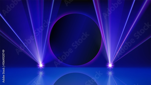 Bright LED laser beam and round screen for presentation. Illuminated blue stage, led strobe lights. Background, backdrop for displaying products and text. Laser light show. Vector illustration