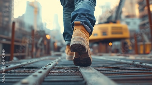 Photograph of a construction worker walking on steel