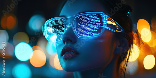 Cyberpunk Portrait of Woman with Holographic Digital Glasses