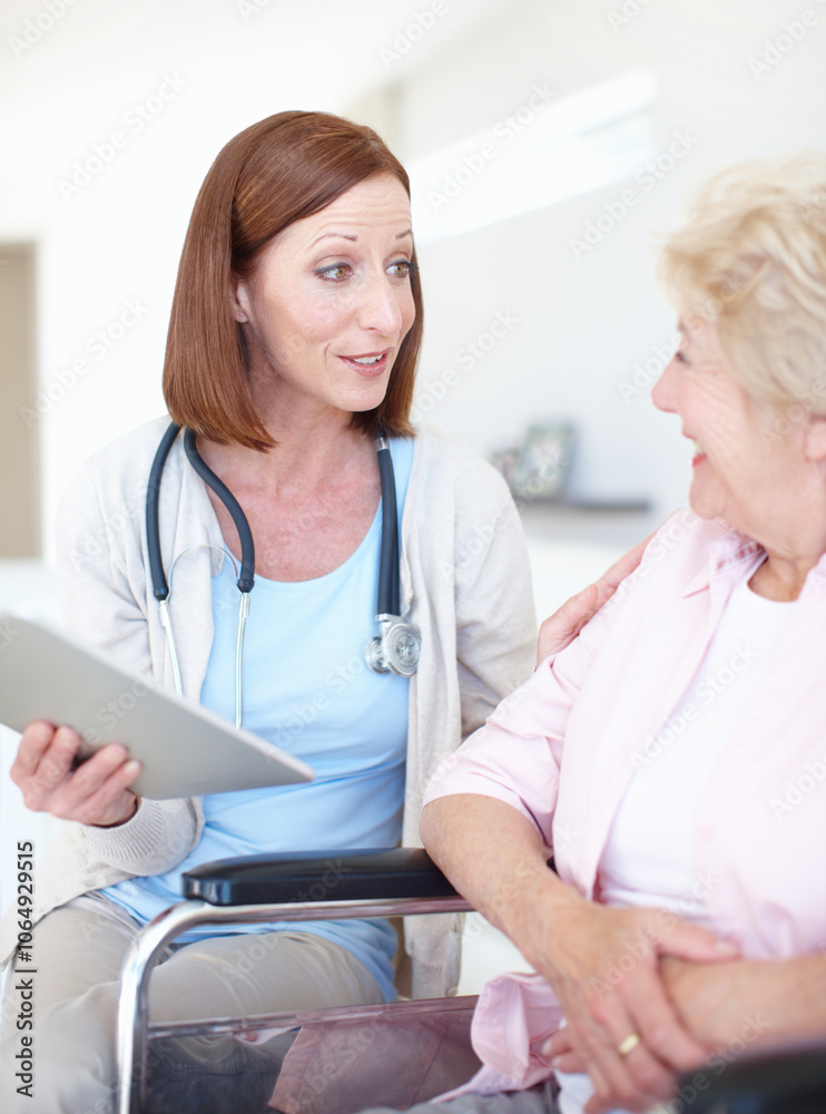 Obraz premium Wheelchair, consulting and tablet with old woman and doctor for rehabilitation, medical and results. Healthcare, retirement home and osteoporosis with senior person with a disability and insurance