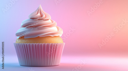 Cupcake muffin with cream frosting on a gradient background. Cup cake template for product presentation display copy text space banner creative food composition photo