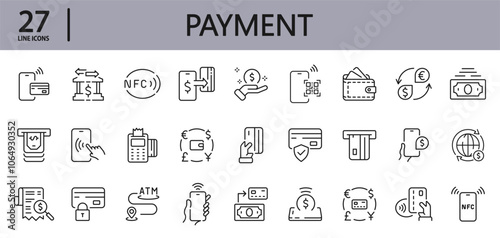 Payment Method line icons set with money, card, bank, pay, smartphone, wallet, transfer, coin, terminal and more. Editable Stroke