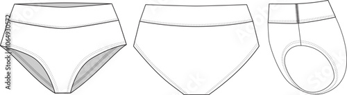 Editable technical fashion sketch for briefs, female underpants Hipster panty lingerie technical illustration. For apparel design, tech packs, and fashion production. Front, back, and side view.