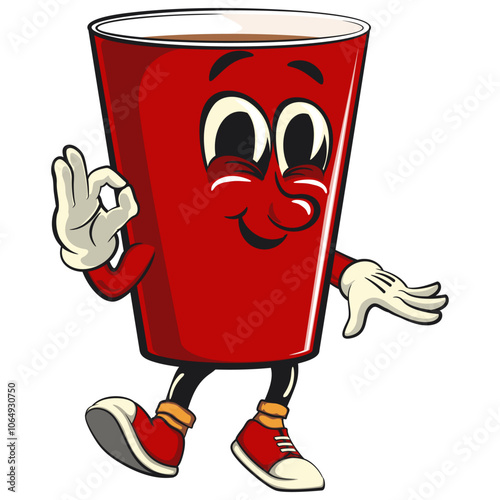 Red cup beer pong cartoon mascot character icon dancing while giving the okay sign, work of hand drawn