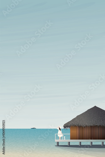 Minimalist seascape with overwater bungalow and blue sky vertical background graphic illustration have blank space.