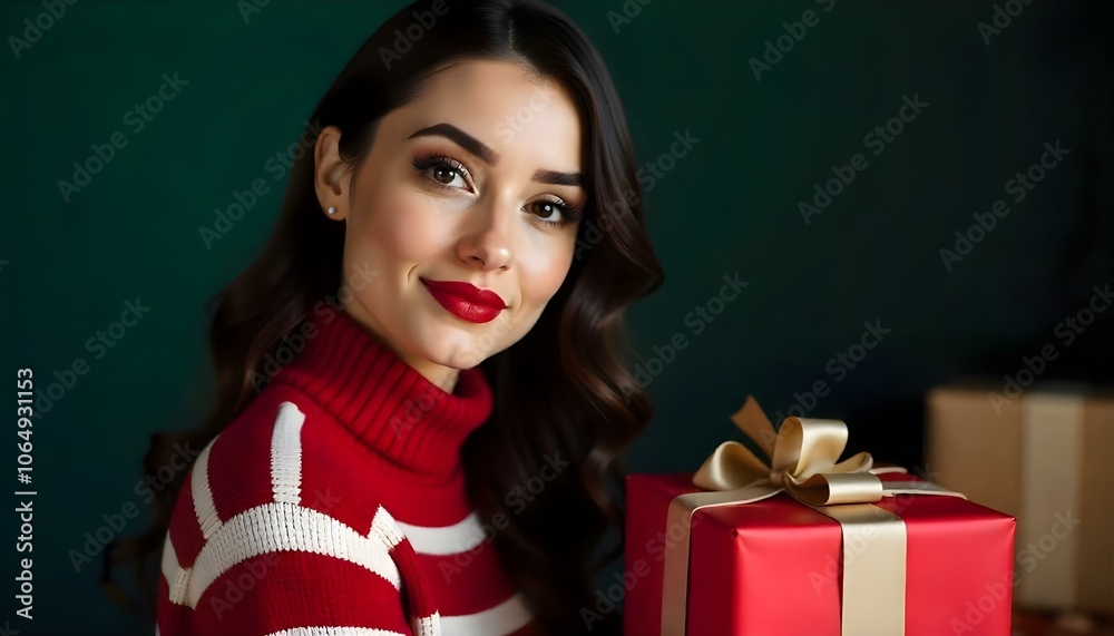 Woman wearing a red and white striped sweater isolated on a forest green background with Christmas gifts and copy space Woman wearing a red and white striped sweater isolated on a forest green background with Christmas gifts and copy space