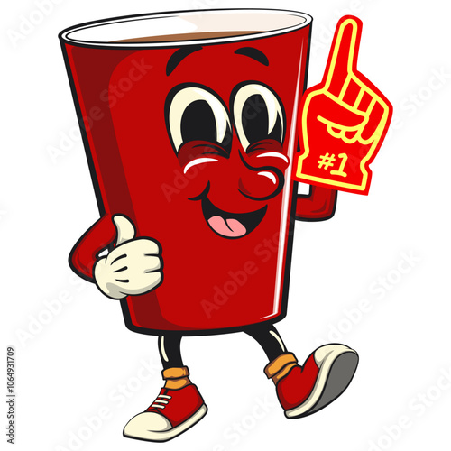 Red cup beer pong cartoon mascot character icon raise foam finger, work of hand drawn