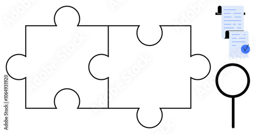 Two interconnected puzzle pieces, a checklist with a check mark and magnifying glass. Ideal for teamwork, problem-solving, inspection, organization, and collaboration. Simple line art style