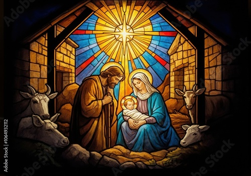 Stained glass window representing the nativity scene, featuring the holy family, baby jesus, ox, donkey, and the star of bethlehem