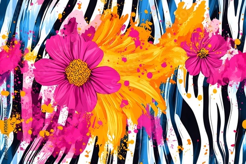 seamless abstract pattern colorful zebra stripes flowers watercolor splash ink splatter digital art