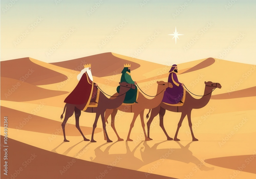 Fototapeta premium Three kings riding camels following the star of bethlehem across the desert