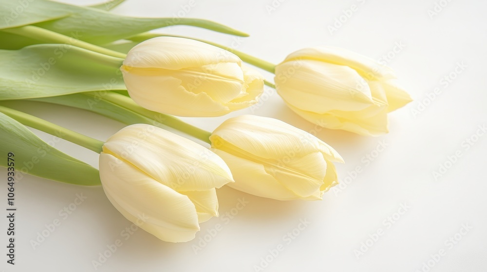 Fototapeta premium Elegant Tulips' Serenity: A close-up shot showcases a cluster of four creamy-white tulips, radiating soft petals. Their presence embodies fresh start
