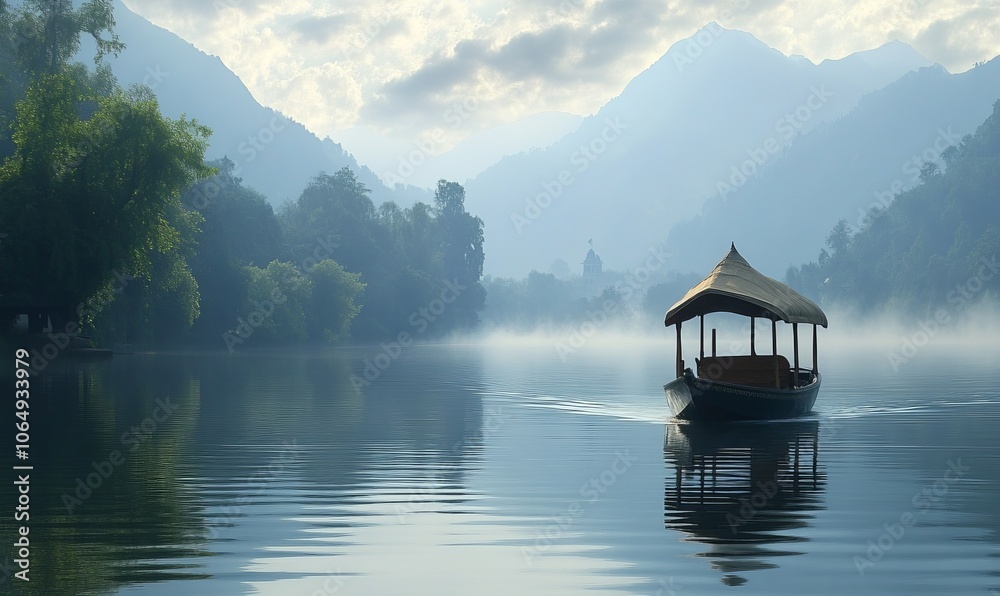Fototapeta premium A traditional Shikara boat gently moves through the calm waters of Dal Lake, surrounded by misty mountains and lush greenery on a peaceful morning