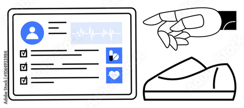 Robotic hand pointing to a digital healthcare record on a screen with biometric data, checklists, and medical icons. Ideal for telemedicine, health apps, medical innovation, AI in healthcare