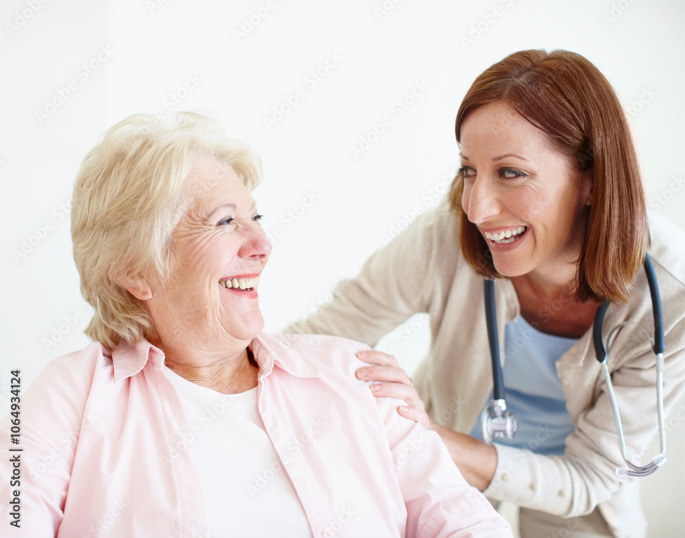 Happy, healthcare and support with old woman and caregiver for rehabilitation, consulting and results. Medical, retirement home and trust with senior patient and nurse for elderly care monitor Happy, healthcare and support with old woman and caregiver for rehabilitation, consulting and results. Medical, retirement home and trust with senior patient and nurse for elderly care monitor